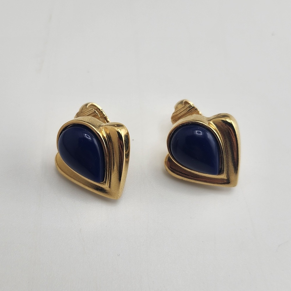 Vintage 80s Avon Blue Deco‎ Gold Tone Clip-on Earrings